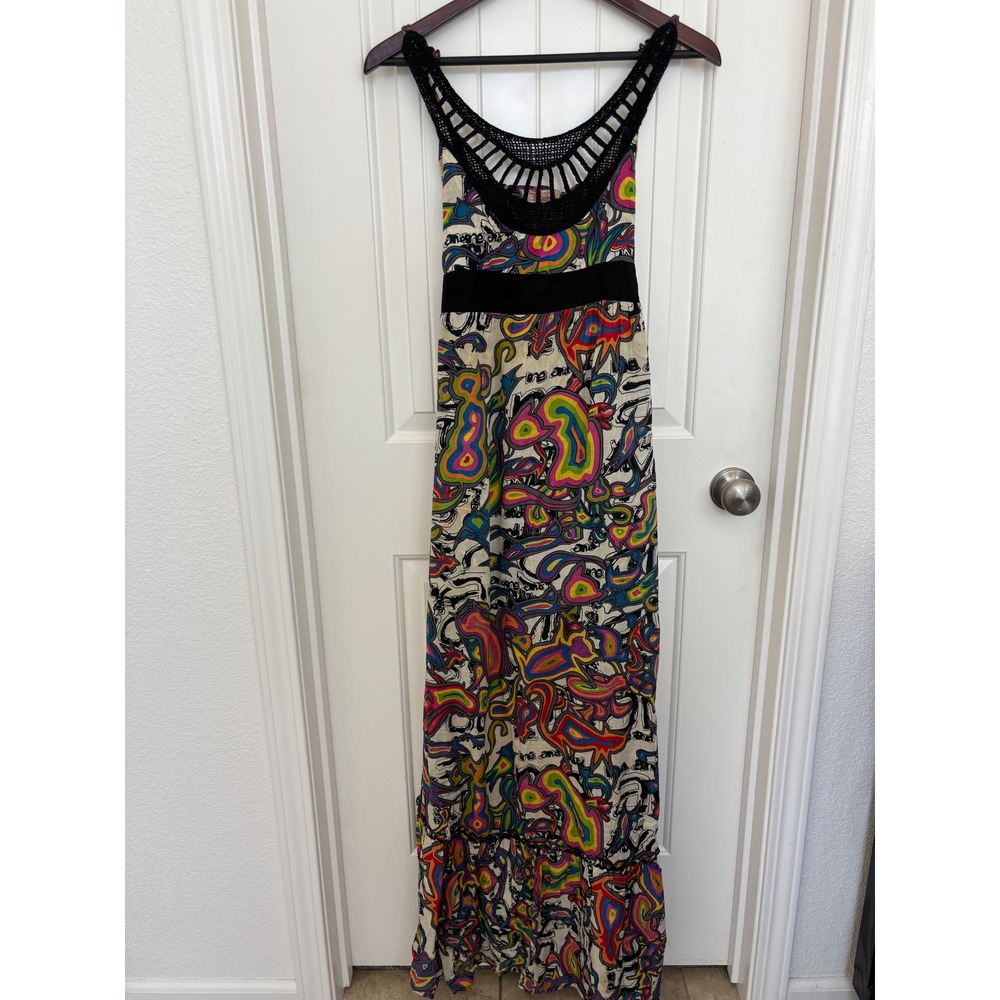 Desigual Maxi Dress Crochet Neckline Ruffle Bottom Belted Waist Size 44‎ (12 US)